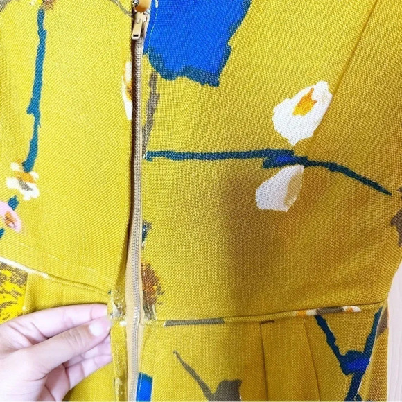 Vtg B. Altman & Co. 50s/60s Sheath Midi Dress Mustard Yellow Floral Boat Neck - Picture 4 of 7